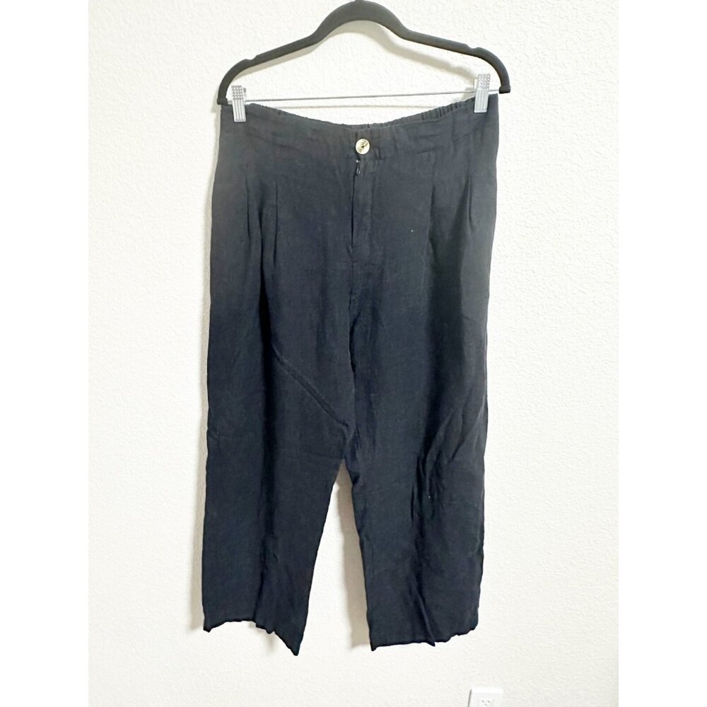 Luxmii‎ Womens Linen Pleated Front Trouser Pants Relaxed Fit Lagenlook Black XL